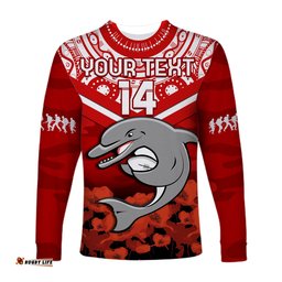 Custom Text And Number Dolphins Rugby ANZAC Long Sleeve T-shirt Dots Poppy Mix Camouflage Lest We Forget