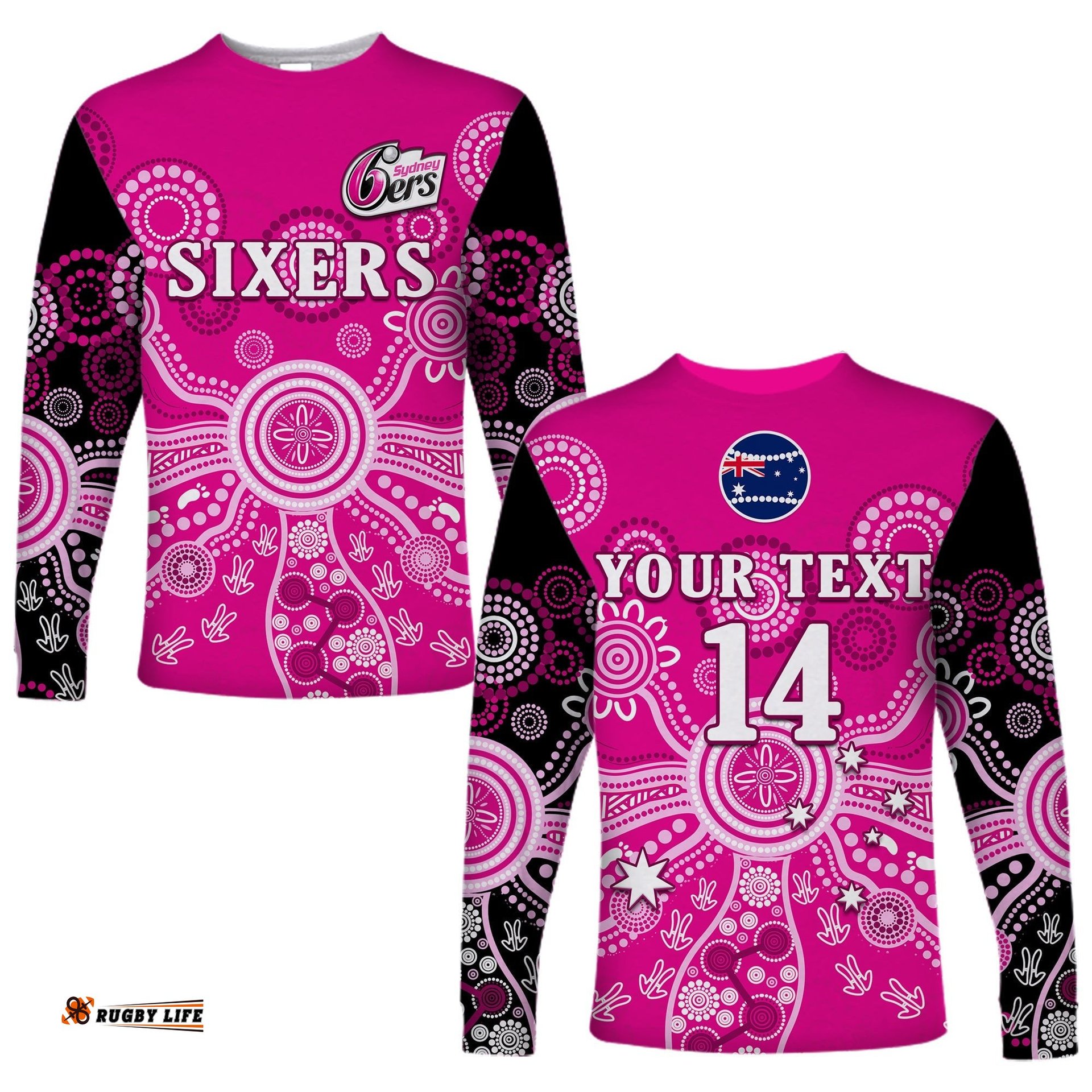 Custom Text And Number Sydney Sixers Long Sleeve T-shirt Cricket Indigenous Australian Art Ver.01
