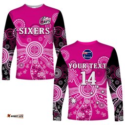 Custom Text And Number Sydney Sixers Long Sleeve T-shirt Cricket Indigenous Australian Art Ver.01