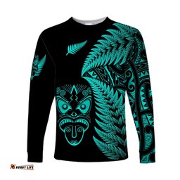 New Zealand Haka Rugby Maori Long Sleeve T-shirt Silver Fern Turquoise