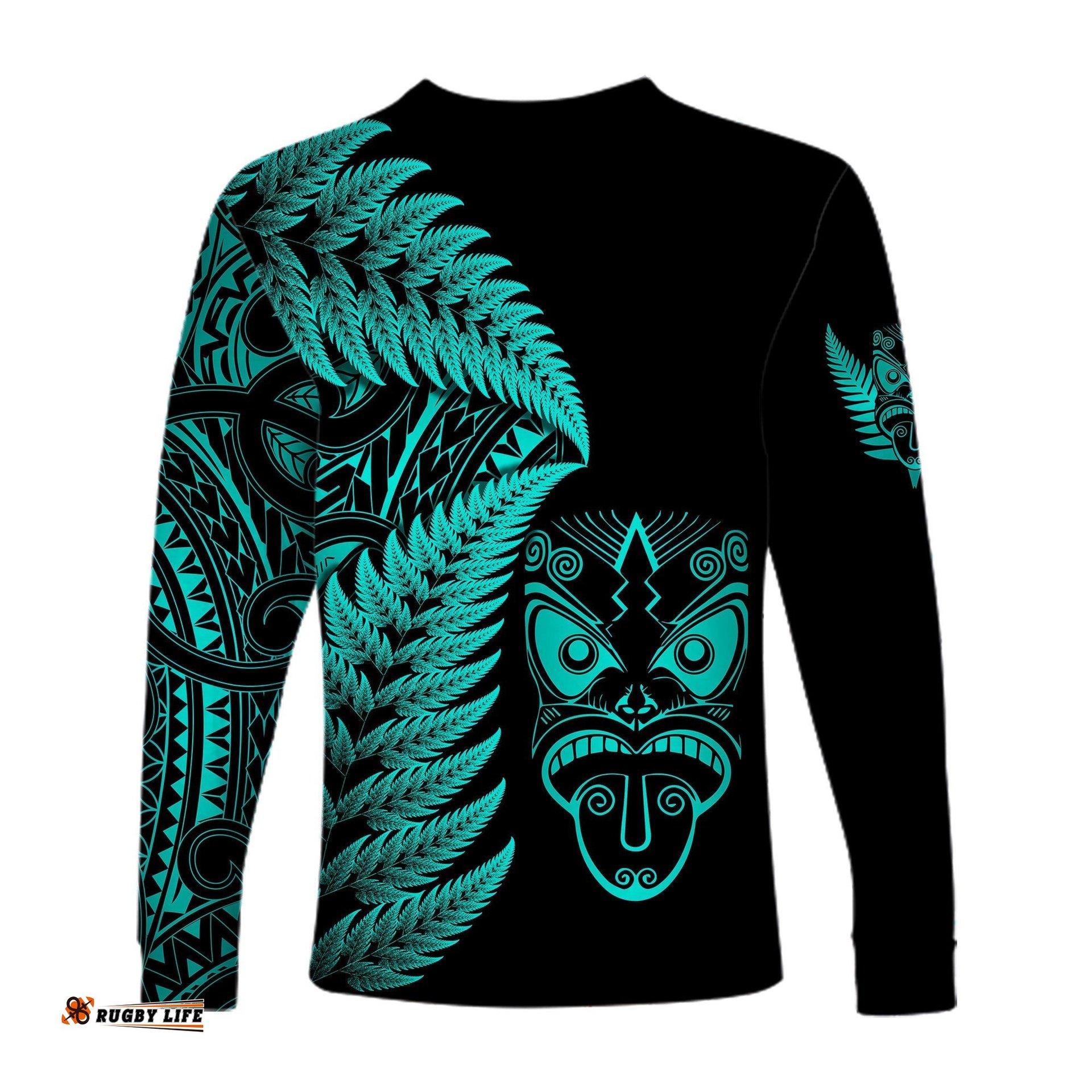 New Zealand Haka Rugby Maori Long Sleeve T-shirt Silver Fern Turquoise