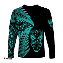New Zealand Haka Rugby Maori Long Sleeve T-shirt Silver Fern Turquoise