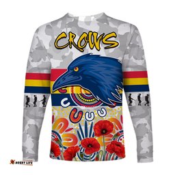 Custom Personalised Crows Anzac Long Sleeve T-shirt Adelaide Football Aboriginal Poppy