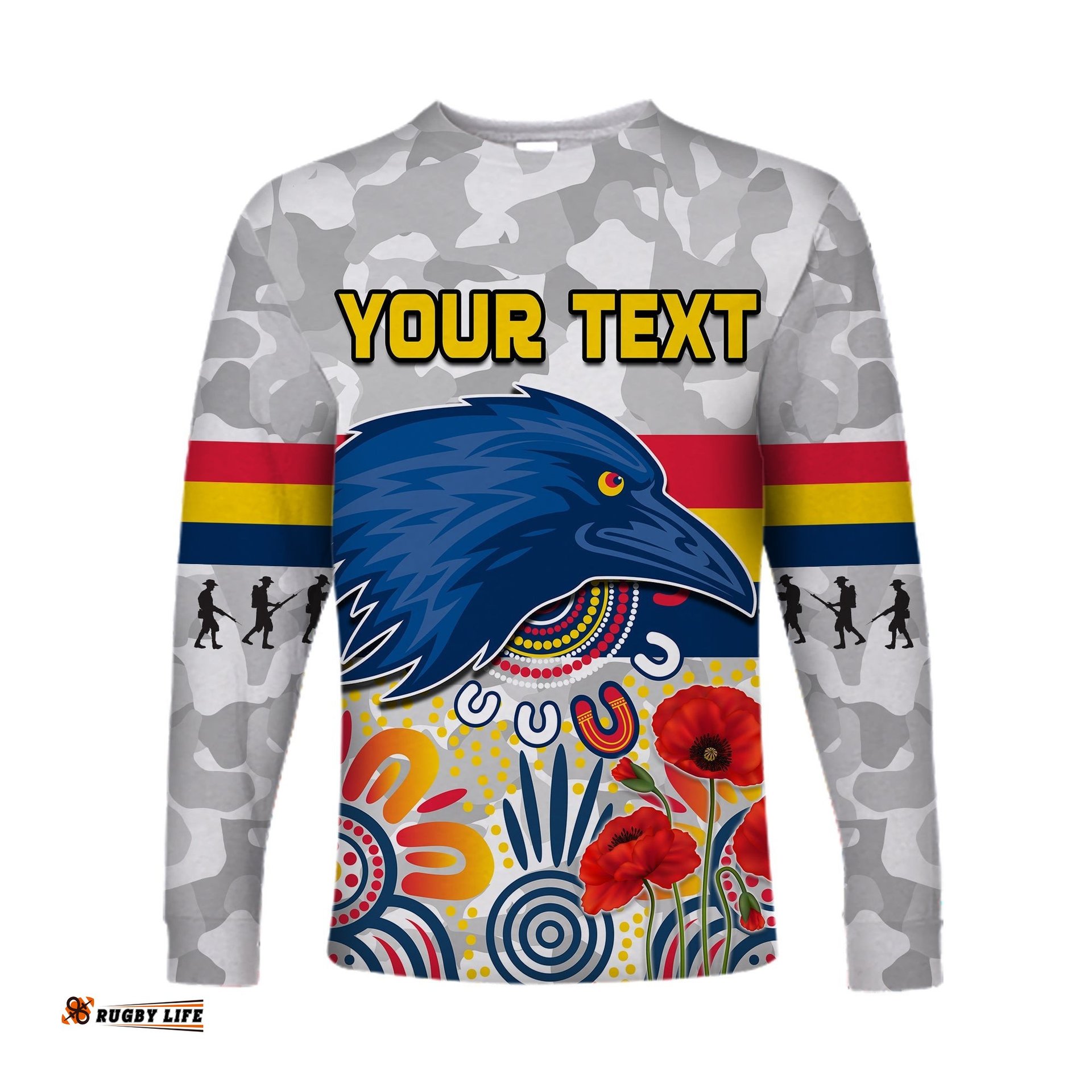 Custom Personalised Crows Anzac Long Sleeve T-shirt Adelaide Football Aboriginal Poppy