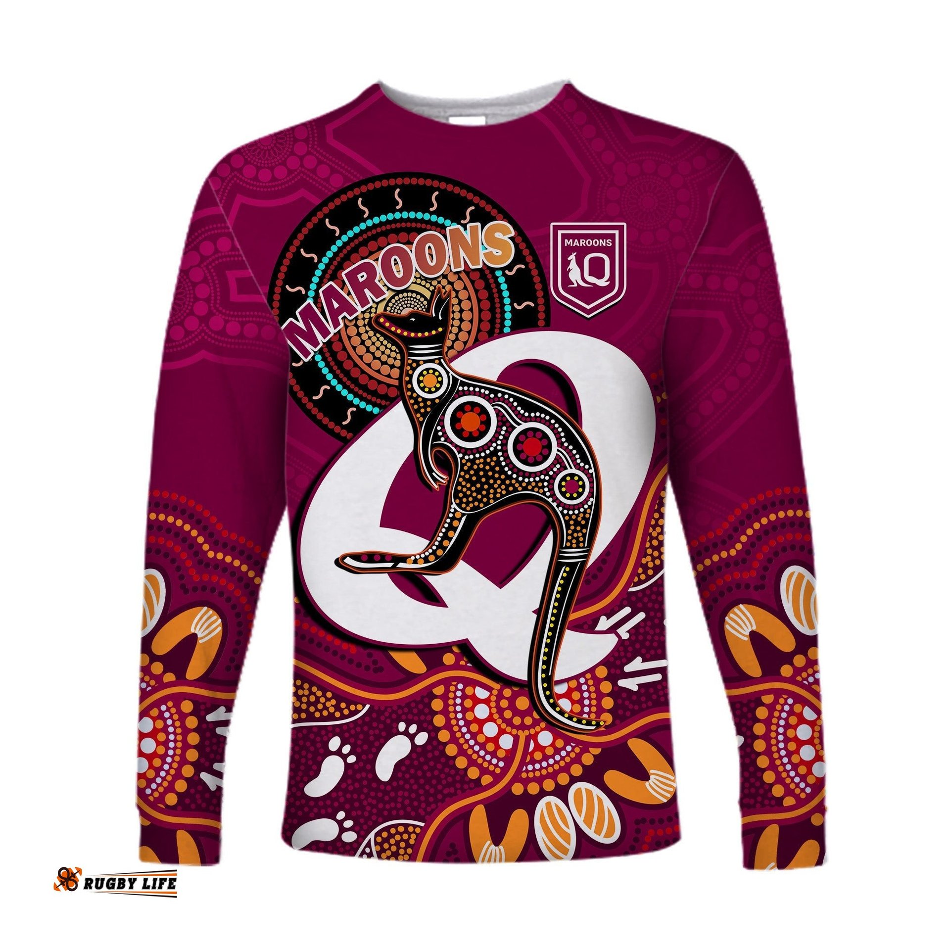 Maroons Rugby Long Sleeve T-shirt Queensland Kangaroo Aboriginal Dot Paintings