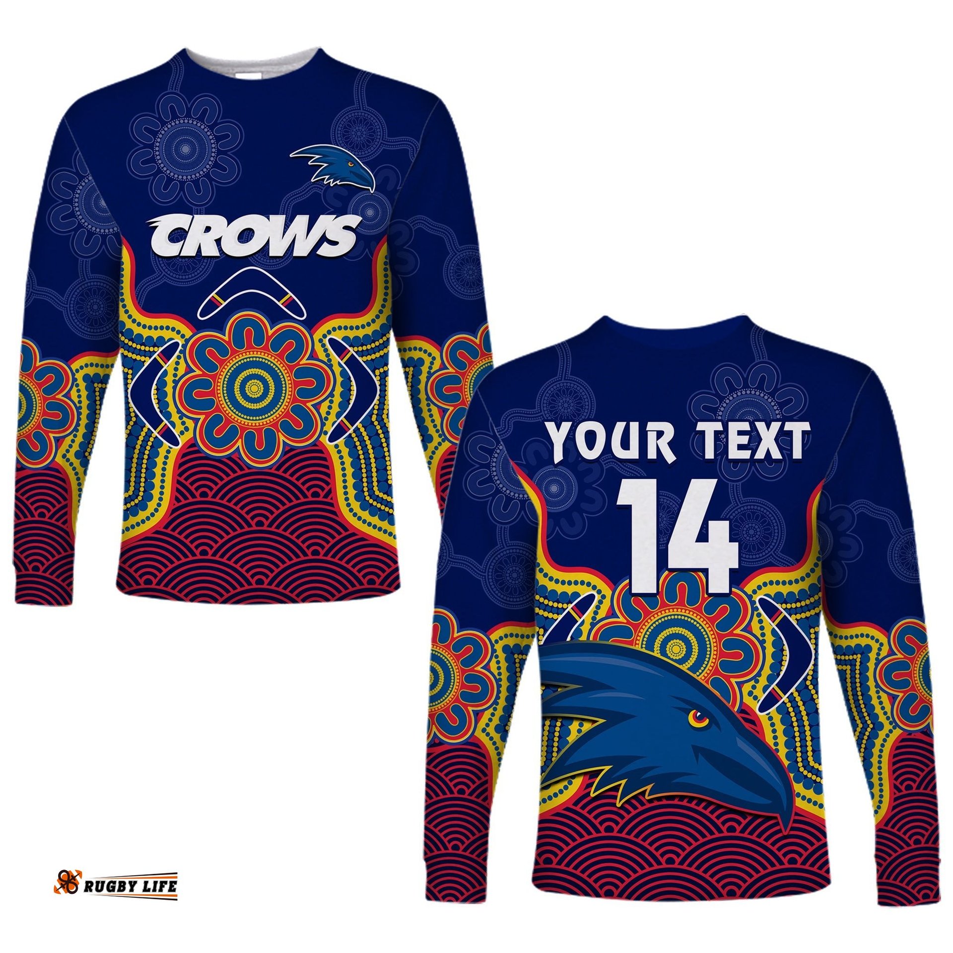 Custom Text And Number Adelaide Football Long Sleeve T-shirt Crows Aboriginal Art