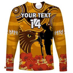 Custom Text And Number Hawks Football ANZAC Long Sleeve T-shirt Indigenous Mix Poppy Camouflage