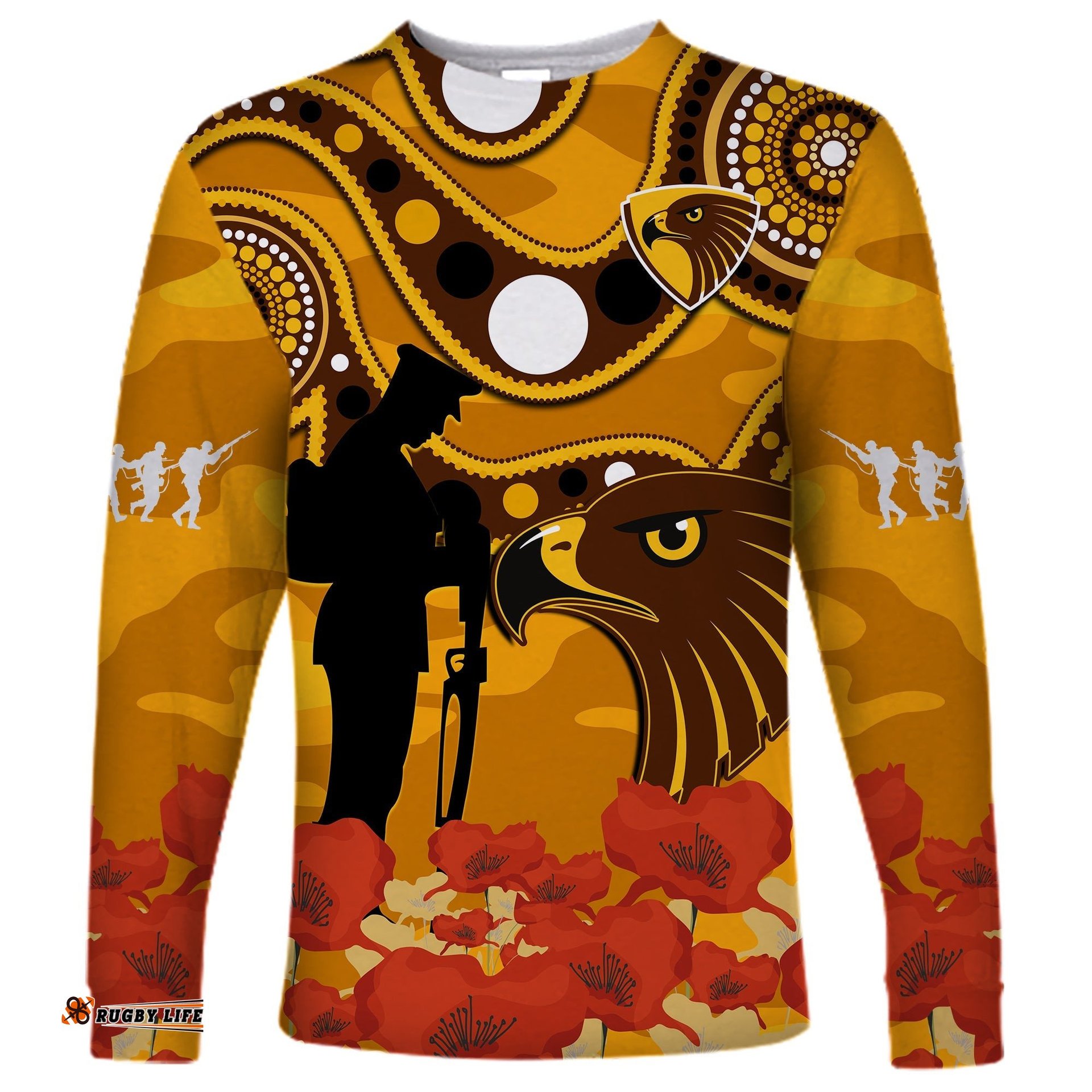 Custom Text And Number Hawks Football ANZAC Long Sleeve T-shirt Indigenous Mix Poppy Camouflage