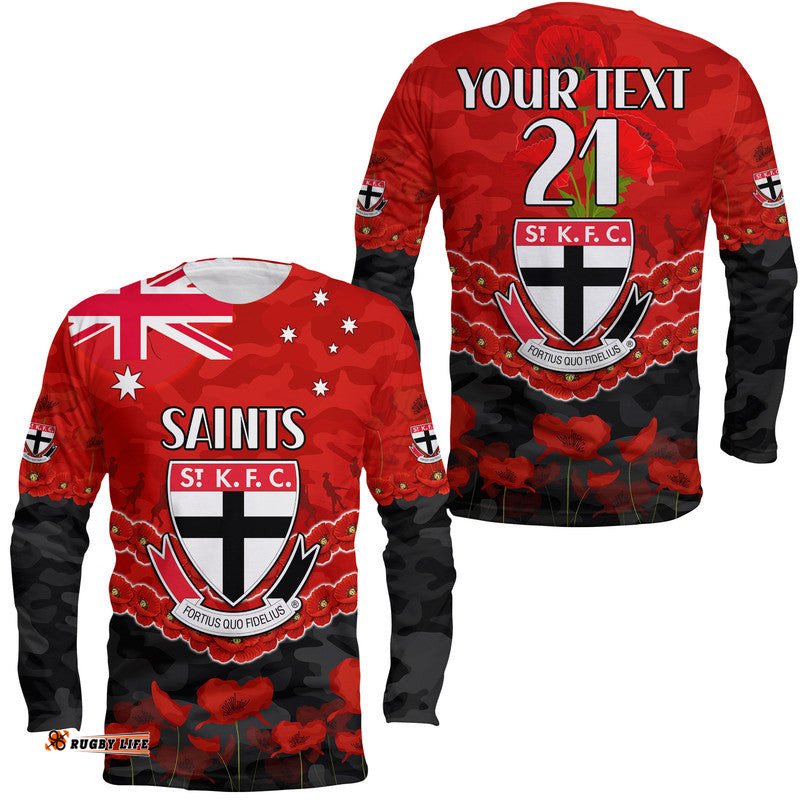Custom Personalised St Kilda Saints Football ANZAC Long Sleeve T-shirt Lest We Forget