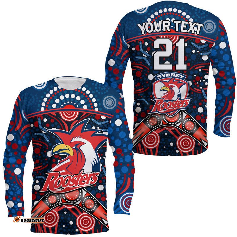 Custom Personalised Roosters Rugby Long Sleeve T-shirt Boomerang Indigenous Dots