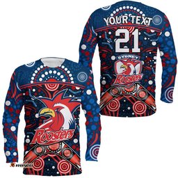 Custom Personalised Roosters Rugby Long Sleeve T-shirt Boomerang Indigenous Dots