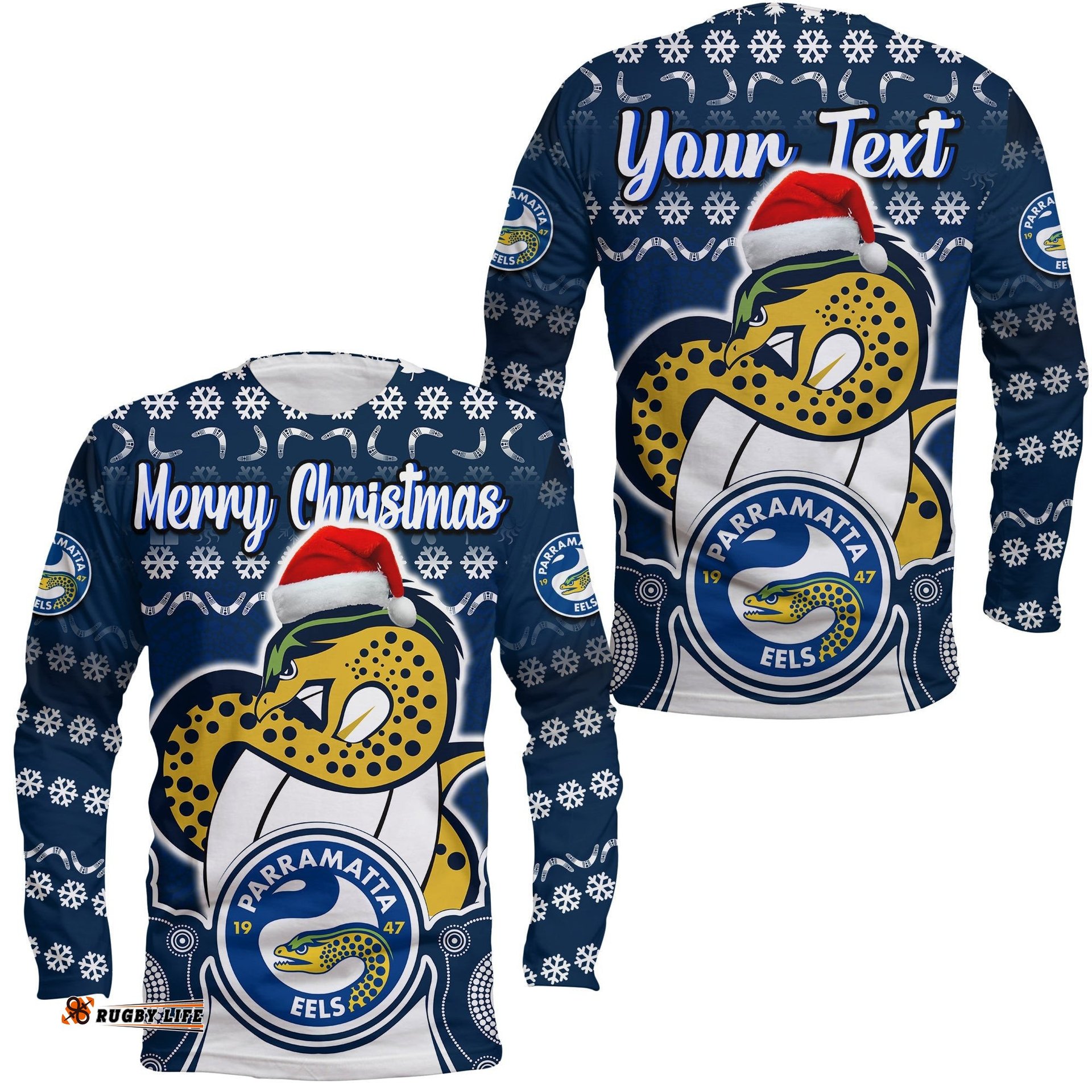 Custom Personalised Parramatta Eels Christmas With Aboriginal Dot Panting Style Long Sleeve T-shirt