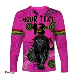 Custom Text and Number Panthers Long Sleeve T-shirt Aboriginal with Lizard