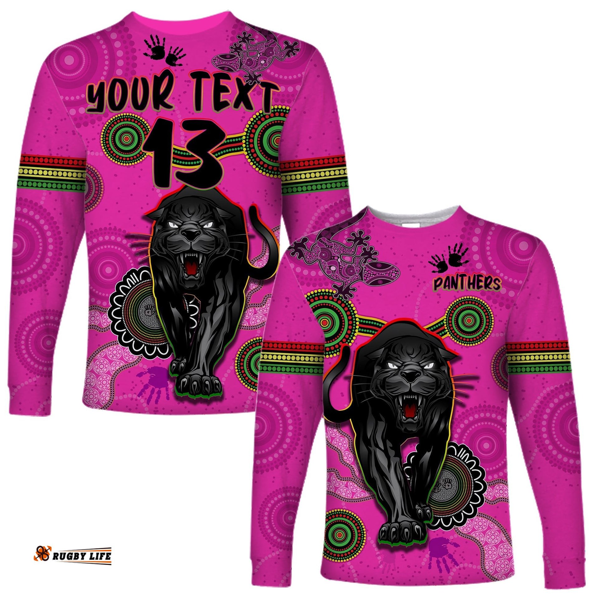 Custom Text and Number Panthers Long Sleeve T-shirt Aboriginal with Lizard