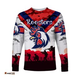 Custom Personalised Sydney Roosters ANZAC Long Sleeve T-shirt Simple Style White