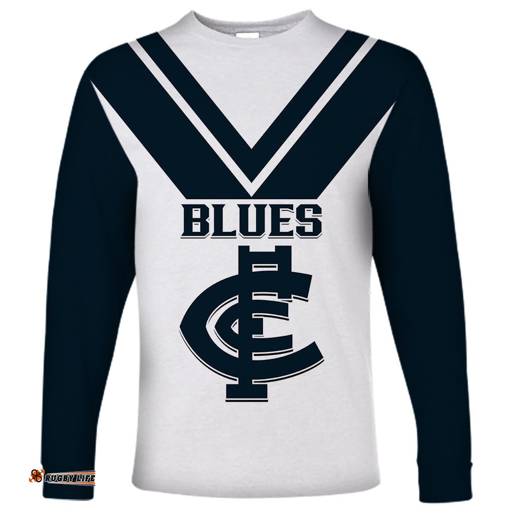 Carlton Football Long Sleeve T-shirt Go Blues White Simple Style