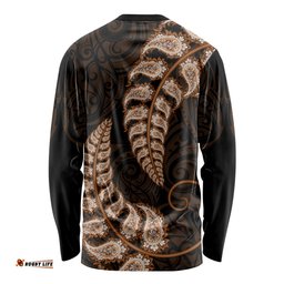 Brown New Zealand Paisley Silver Fern Long Sleeve T-shirt Aotearoa Maori