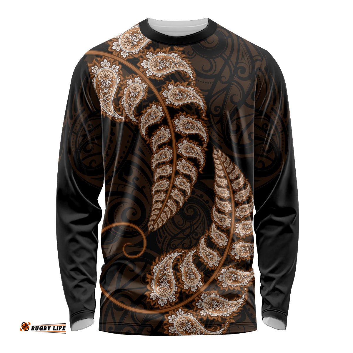Brown New Zealand Paisley Silver Fern Long Sleeve T-shirt Aotearoa Maori