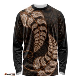 Brown New Zealand Paisley Silver Fern Long Sleeve T-shirt Aotearoa Maori