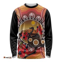 Sturt's Desert Pea And Emu Australia Long Sleeve T-shirt Uluru Aboriginal Art