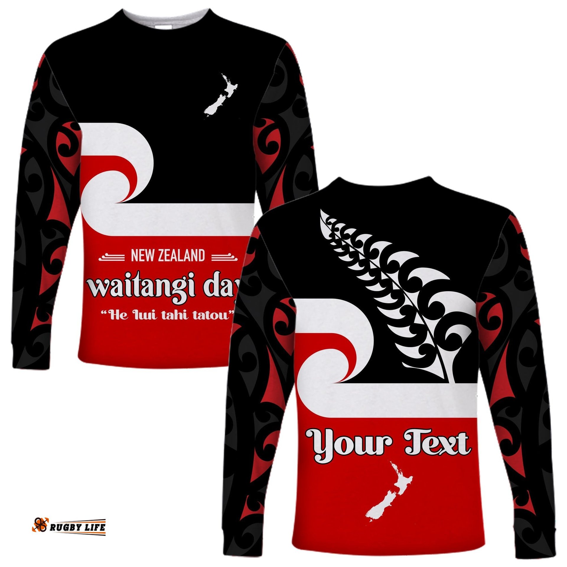 Custom Personalised Waitangi Day Long Sleeve T-shirt Maori Fern and Tino Rangatiratanga Flag