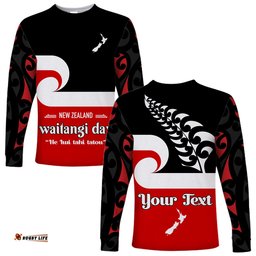 Custom Personalised Waitangi Day Long Sleeve T-shirt Maori Fern and Tino Rangatiratanga Flag