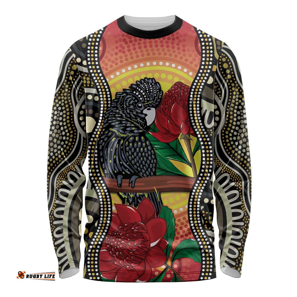 Waratah And Banksian Cockatoo Long Sleeve T-shirt Aboriginal Art