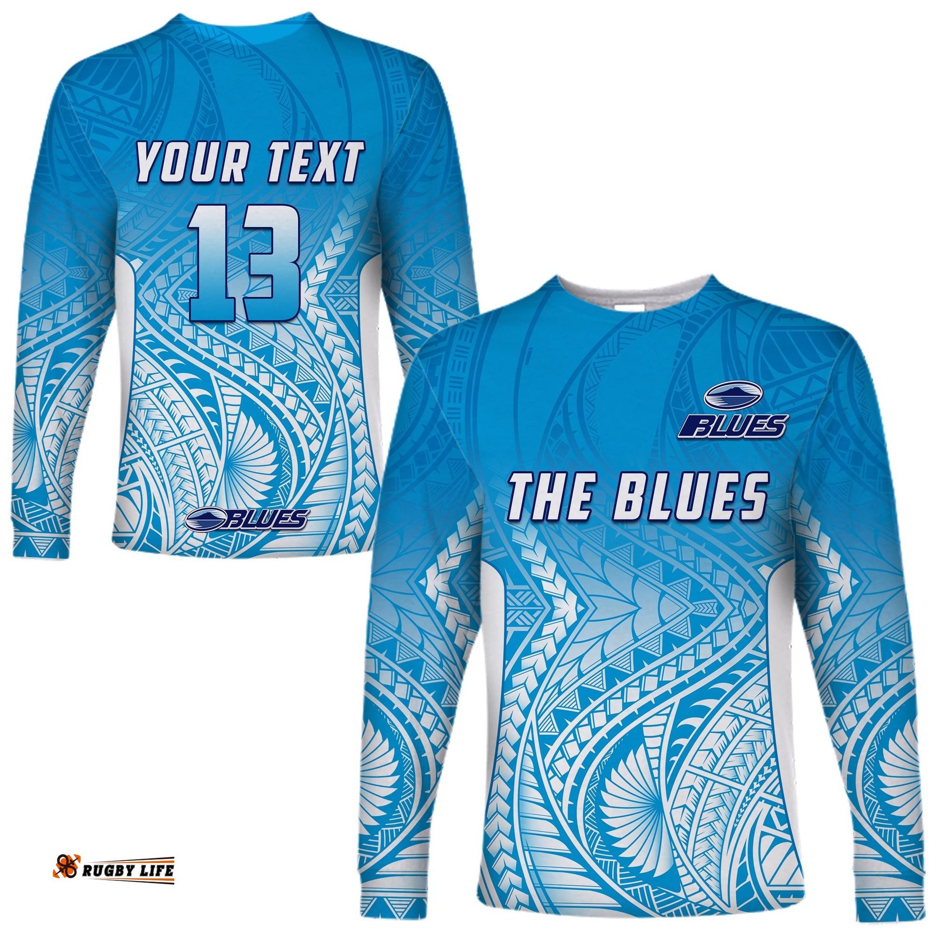 Custom Text and Number Blues Long Sleeve T-shirt Super Rugby New Zealand
