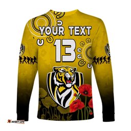 Custom Text and Number Richmond Anzac Long Sleeve T-shirt Tigers Aboriginal Poppy