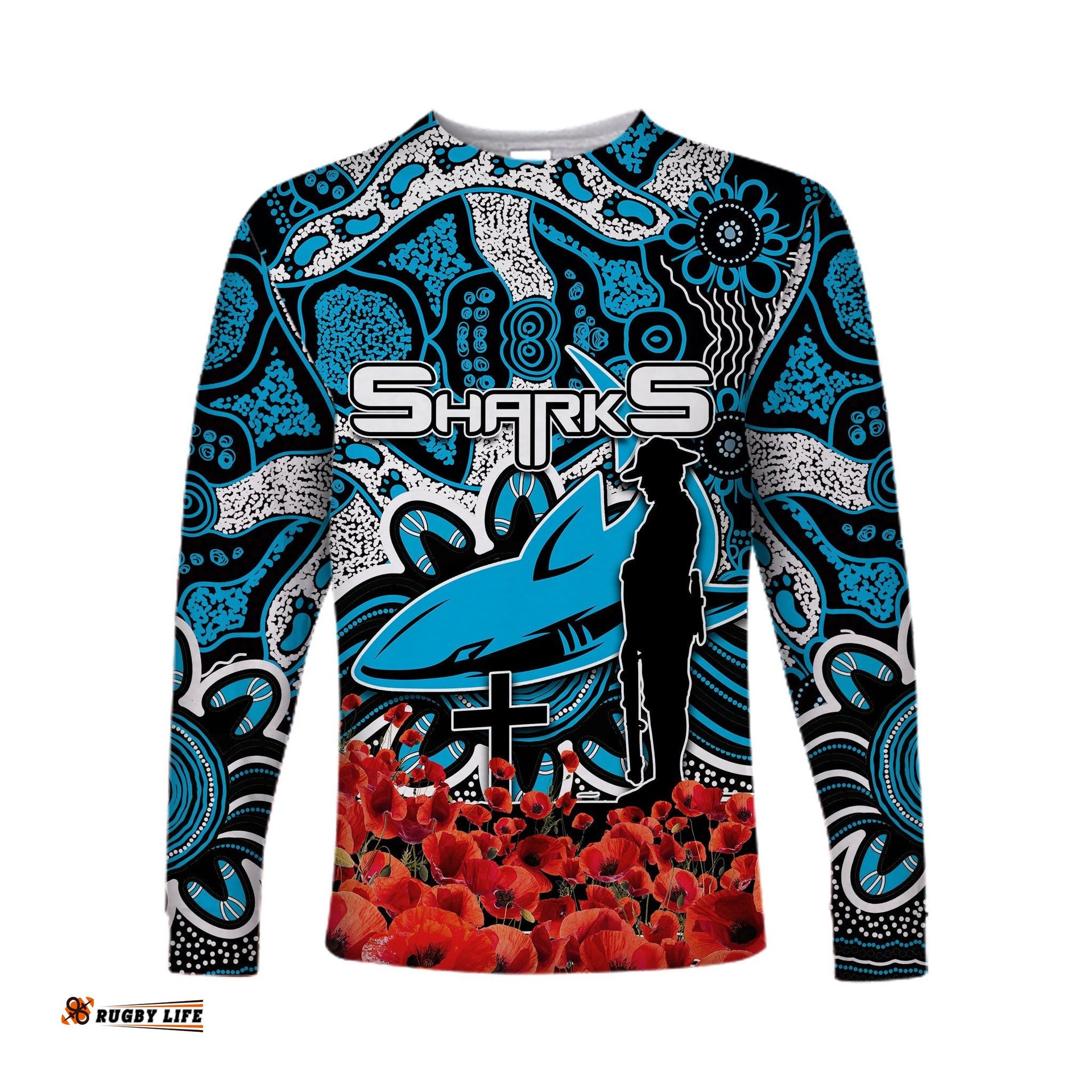Sharks Long Sleeve T-shirts Anzac Day Poppy Flowers With Aboriginal