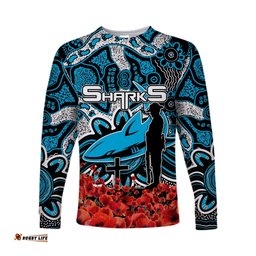 Sharks Long Sleeve T-shirts Anzac Day Poppy Flowers With Aboriginal