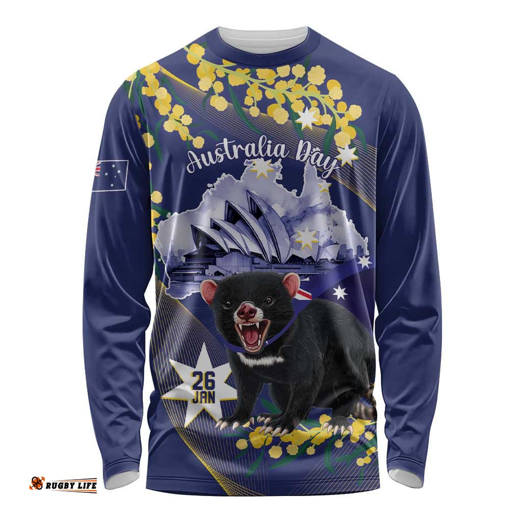 Tasimania Devil Australia Day Long Sleeve T-shirt Aussie Aussie Aussie Oi! Oi! Oi! Blue
