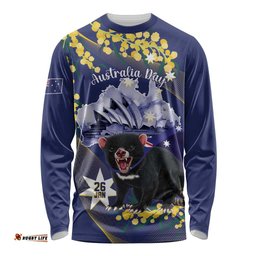 Tasimania Devil Australia Day Long Sleeve T-shirt Aussie Aussie Aussie Oi! Oi! Oi! Blue