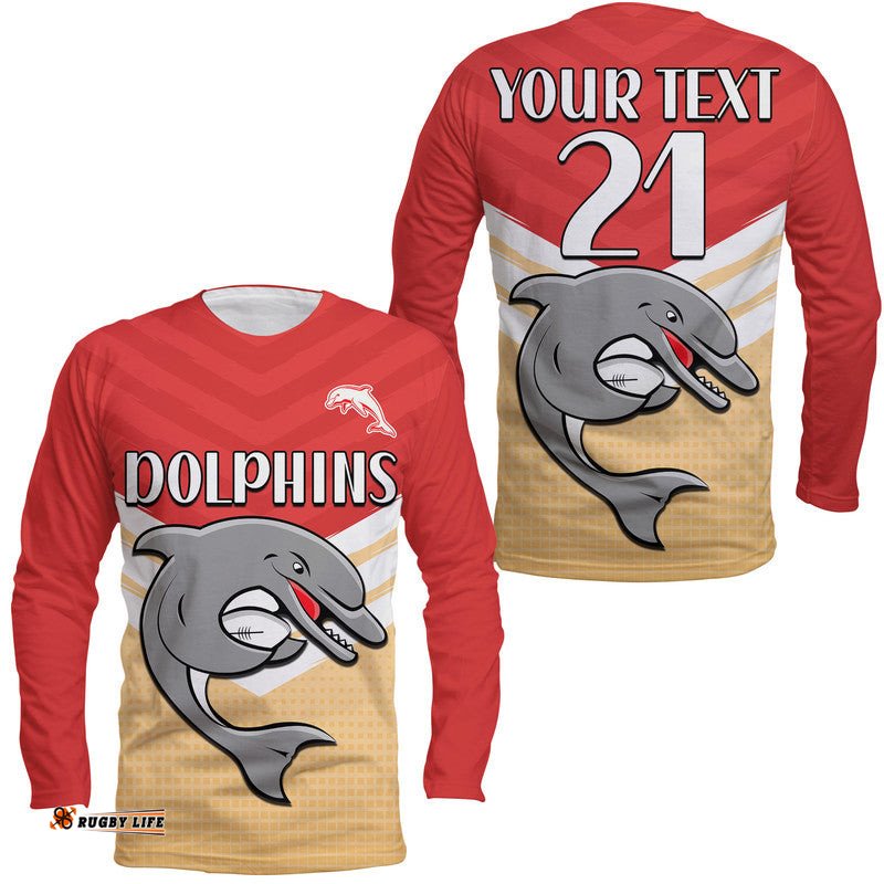 Custom Text And Number Redcliffe Dolphins Rugby Long Sleeve T-shirt Simple Style