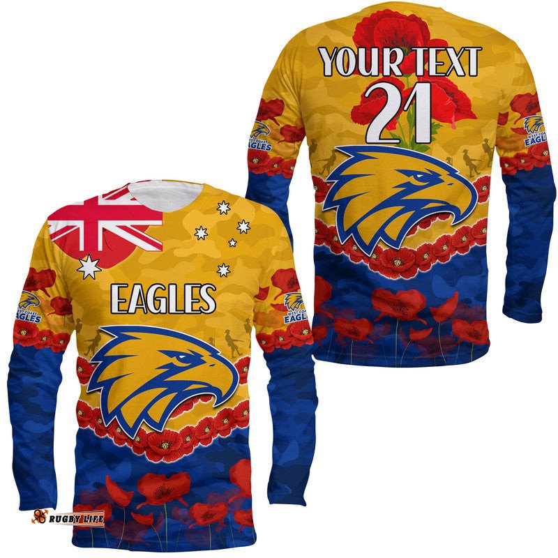 Custom Personalised West Coast Eagles Football ANZAC Long Sleeve T-shirt Lest We Forget