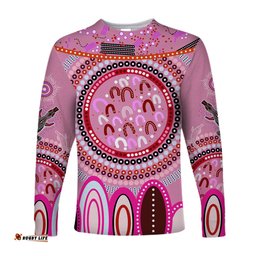 Custom Text and Number Aboriginal Stand Up Long Sleeve T-shirt Circle Dot with Lizard Version Pink