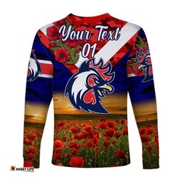 Custom Personalised Sydney Roosters ANZAC Long Sleeve T-shirt Poppy Flowers Blue