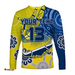 Custom Text and Number Cowboys Rugby Long Sleeve T-shirt Aboriginal Boomerang Go Premiers North Queensland