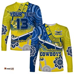 Custom Text and Number Cowboys Rugby Long Sleeve T-shirt Aboriginal Boomerang Go Premiers North Queensland