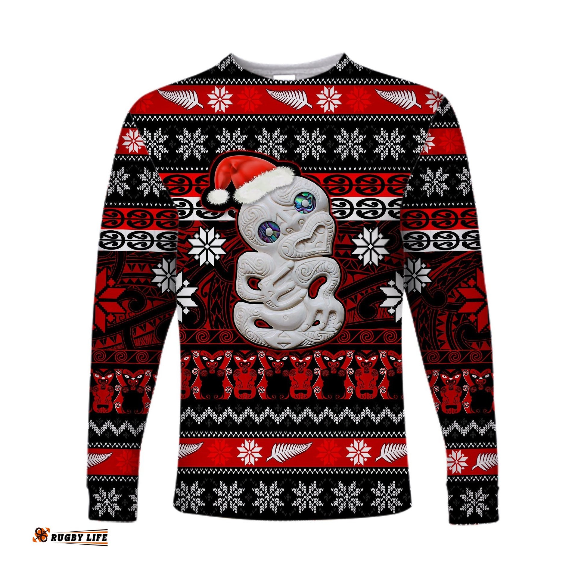 New Zealand Hei Tiki Christmas Long Sleeve T-shirt Maori Meri Kirihimete
