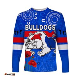 Custom Text and Number Bulldogs Anzac Long Sleeve T-shirt Western Dogs Aboriginal Poppy