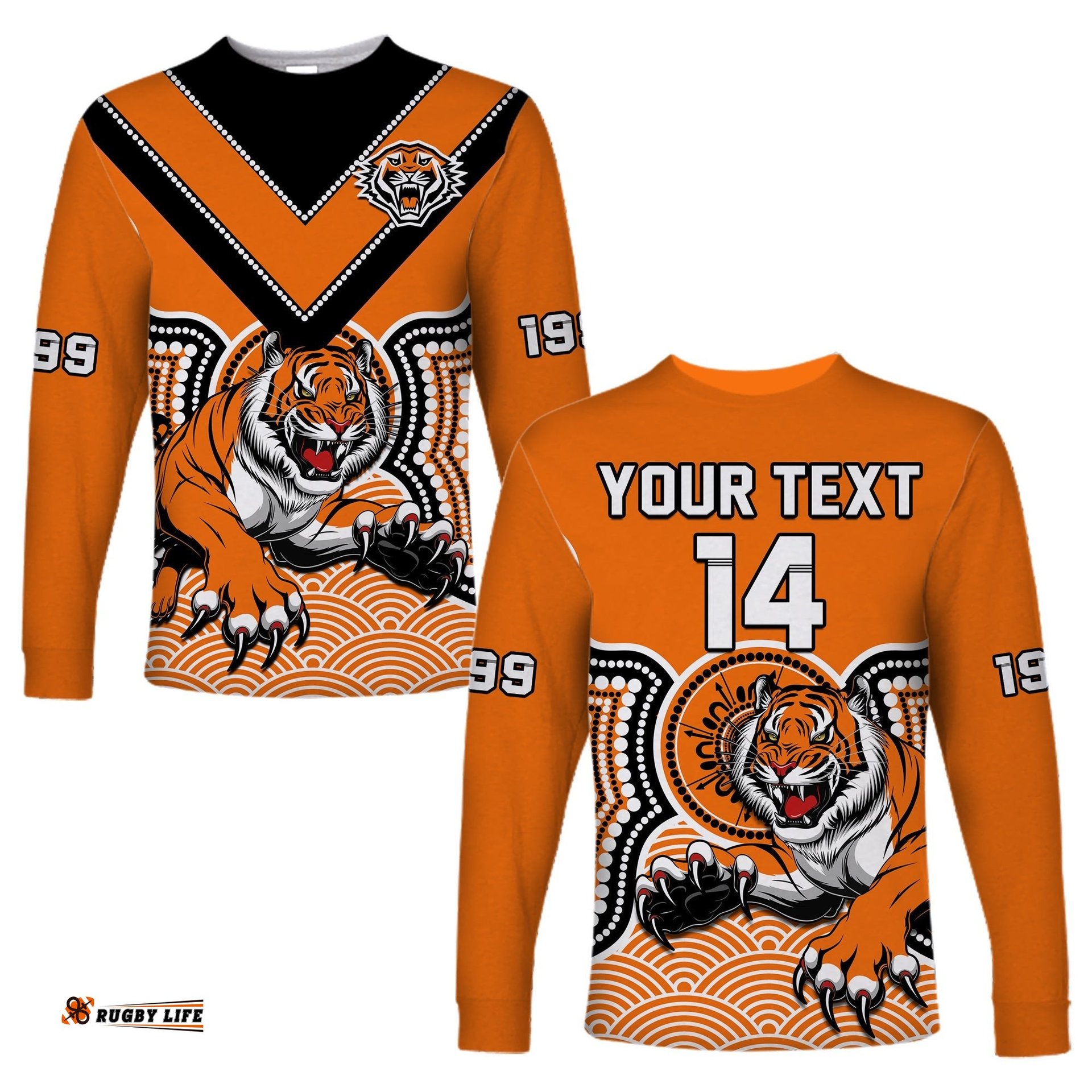 Custom Text And Number Wests Tigers Rugby Long Sleeve T-shirt Indigenous Artsy