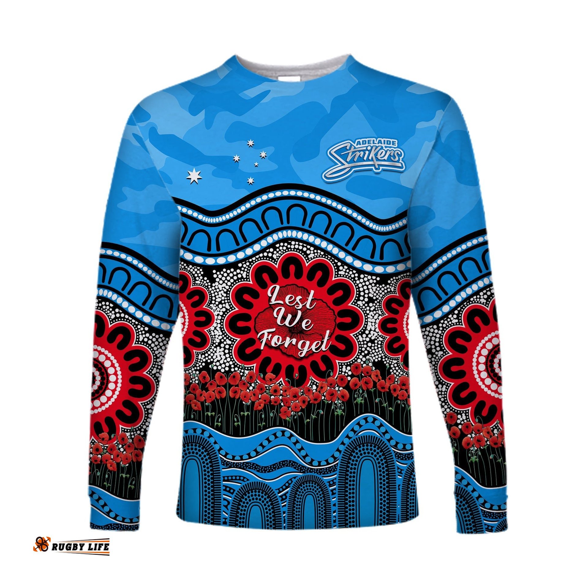 Custom Text And Number Adelaide Strikers Cricket ANZAC Long Sleeve T-shirt Poppy Aboriginal Camouflage