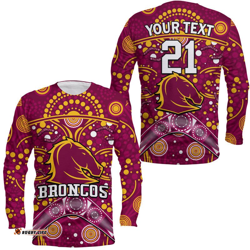 Custom Personalised Broncos Rugby Long Sleeve T-shirt Boomerang Indigenous Dots