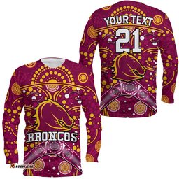 Custom Personalised Broncos Rugby Long Sleeve T-shirt Boomerang Indigenous Dots