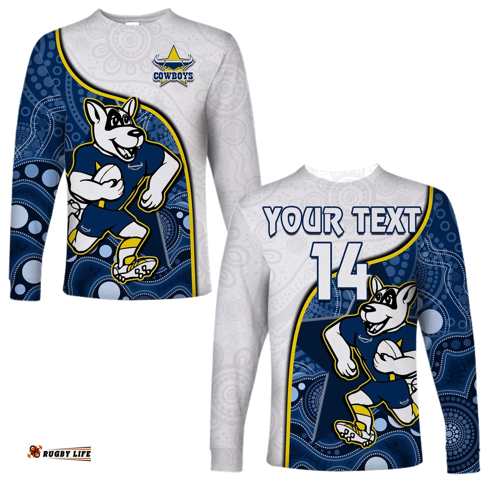 Custom Text And Number Cowboys Rugby Long Sleeve T-shirt Macost Indigenous Pattern Premiers
