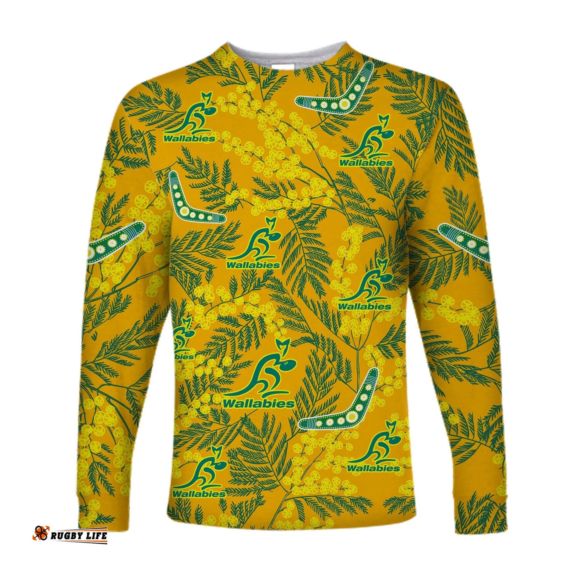 Wallabies Rugby Long Sleeve T-shirt Golden Wattle Aboriginal Boomerang Style Hawaii