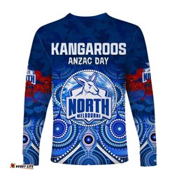 Custom Personalised Kangaroos Anzac Long Sleeve T-shirt North Melbourne Football Aboriginal Poppy Flowers