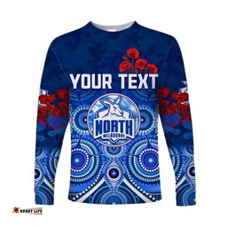 Custom Personalised Kangaroos Anzac Long Sleeve T-shirt North Melbourne Football Aboriginal Poppy Flowers