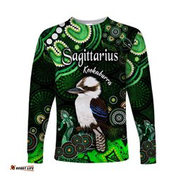 Custom Personalised Australian Astrology Long Sleeve T-shirt Sagittarius Kookaburra Zodiac Aboriginal Green